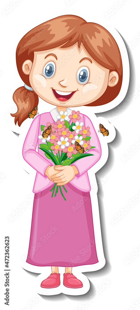 A girl holding flower bouquet cartoon character A girl holding flower bouquet cartoon character