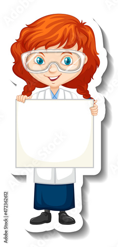 Scientist girl holding empty board in sticker style