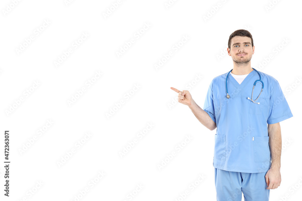 Attractive doctor intern isolated on white background Attractive doctor intern isolated on white background