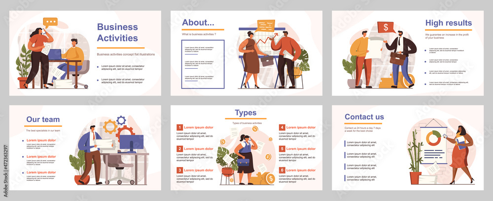 Business activities concept for presentation slide template. People performing tasks, analyze data, develop project, create success strategy. Vector illustration with flat persons for layout design