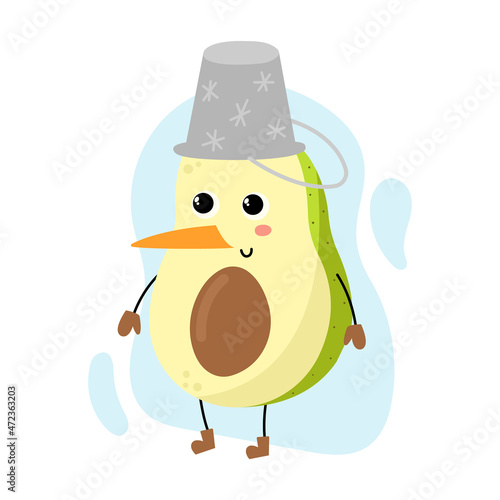 Funny avocado character. Winter mascot in a snowman costume. Cute cartoon fruit or berry. Bright clipart for Christmas or New Year greeting card design. Active rest on vacation.