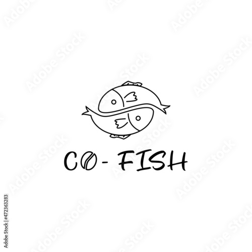 Two fish form a yin and yang symbol. Monoline logo design. Creative logo for your coffee shop. Vector illustration.