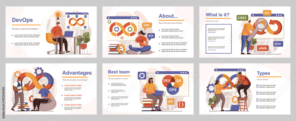 DevOps concept for presentation slide template. People collaborates on software development project, programming and management, communication. Vector illustration with flat persons for layout design DevOps concept for presentation slide template. People collaborates on software development project, programming and management, communication. Vector illustration with flat persons for layout design