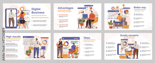 Digital business concept for presentation slide template. People analyze financial data, create strategy, marketing research, development. Vector illustration with flat persons for layout design