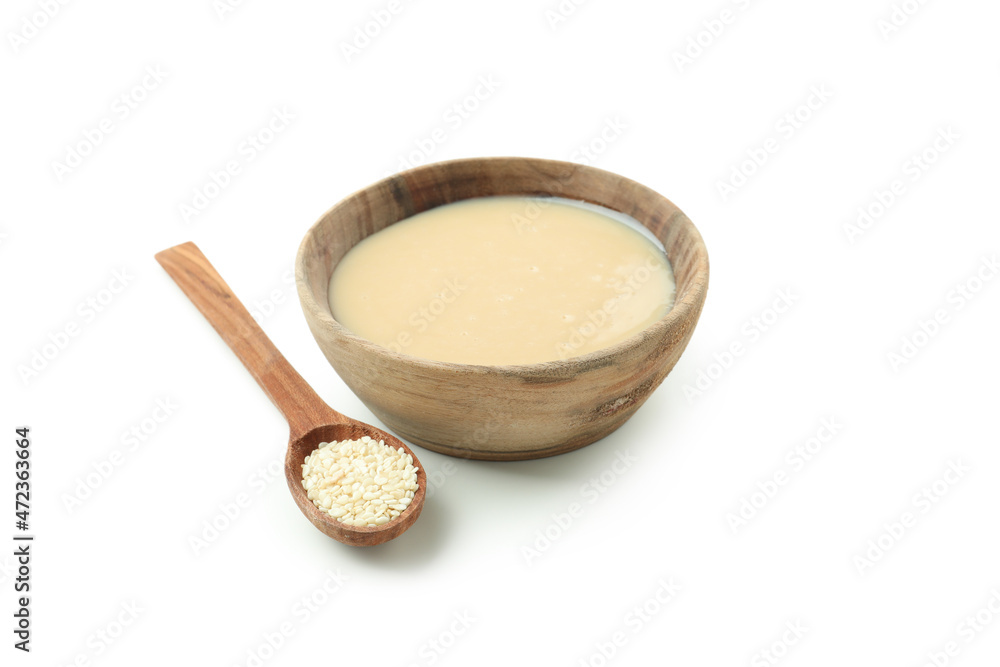 Concept of tasty food with tahini sauce isolated on white background Concept of tasty food with tahini sauce isolated on white background