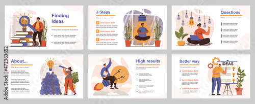 Finding ideas concept for presentation slide template. People come up with new ideas, brainstorming, develop project plan and success strategy. Vector illustration with flat persons for layout design