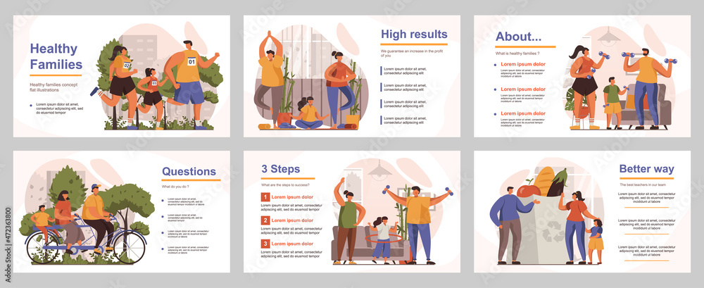 Healthy families concept for presentation slide template. People compete and active lifestyle, parents with children go in for sports and diet. Vector illustration with flat persons for layout design