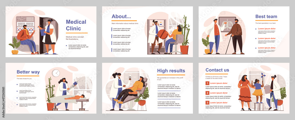 Medical clinic concept for presentation slide template. People visits different doctors, receives consultations, diagnostics and treatment. Vector illustration with flat persons for layout design