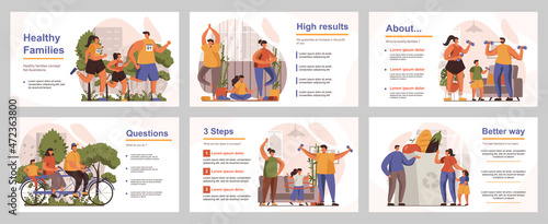 Healthy families concept for presentation slide template. People compete and active lifestyle, parents with children go in for sports and diet. Vector illustration with flat persons for layout design