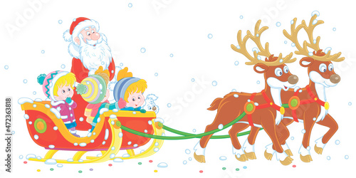 Santa Claus riding happy little kids in his magic sleigh with merry reindeers on a snowy Christmas day, vector cartoon illustration isolated on a white background