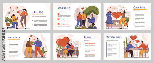 LGBTQ people concept for presentation slide template. Gay and lesbian couples on romantic date, propose, homosexual families raise children. Vector illustration with flat persons for layout design