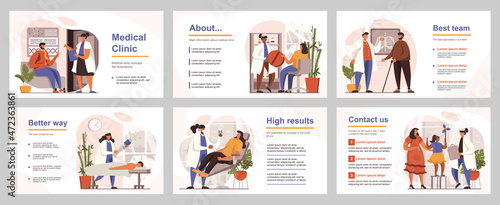 Medical clinic concept for presentation slide template. People visits different doctors, receives consultations, diagnostics and treatment. Vector illustration with flat persons for layout design