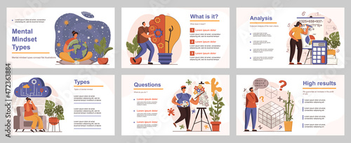 Mental mindset types concept for presentation slide template. People with logical, structural, creative, abstract and imaginative thinking. Vector illustration with flat persons for layout design