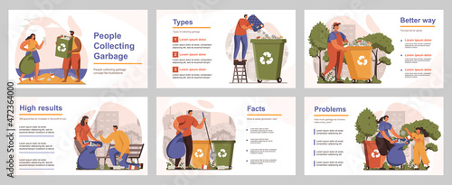 People collecting garbage concept for presentation slide template. Volunteers sorting different trash into separate bins, protecting ecology. Vector illustration with flat persons for layout design