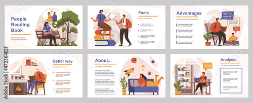 People reading book concept for presentation slide template. Men and women reading lovers pastime with different literature or textbooks. Vector illustration with flat persons for layout design