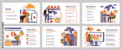 SaaS concept for presentation slide template. People use software as a service, users paying subscription, cloud storage and data computing. Vector illustration with flat persons for layout design