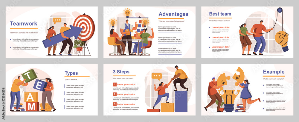 Teamwork concept for presentation slide template. People collaborate at work, generate ideas, targeting, leadership, achieve business goals. Vector illustration with flat persons for layout design