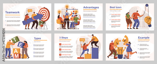 Teamwork concept for presentation slide template. People collaborate at work, generate ideas, targeting, leadership, achieve business goals. Vector illustration with flat persons for layout design