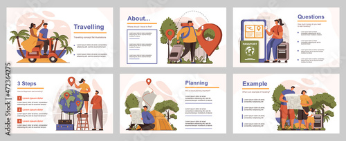Travelling concept for presentation slide template. People with luggage go on vacation at summer trip. Tourists hiking at mountains routes. Vector illustration with flat persons for layout design