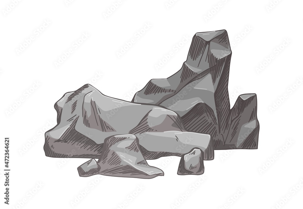 Big heavy rocks. Solid boulders group. Rough rubbles. Realistic drawing of natural material, mountain formation. Detailed hand-drawn vector illustration isolated on white background