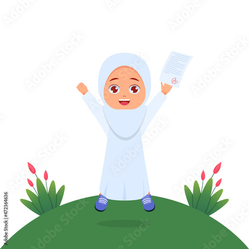 Cute girl jumps happy to get good grades