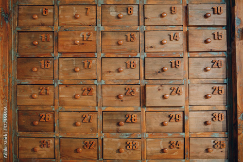 Background texture wallpaper old vintage wooden cabinet with lockers drawers file boxes.