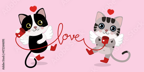 Fototapeta Naklejka Na Ścianę i Meble -  Cute cats with little cupid wings and red heart. Happy Valentine's Day greeting card. Animal cartoon character in love holidays.