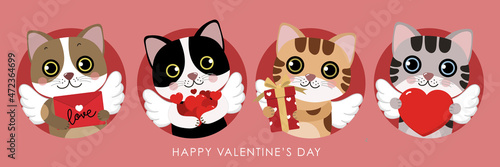 Cute cats with little cupid wings and red heart. Happy Valentine's Day greeting card. Animal cartoon character in love holidays.