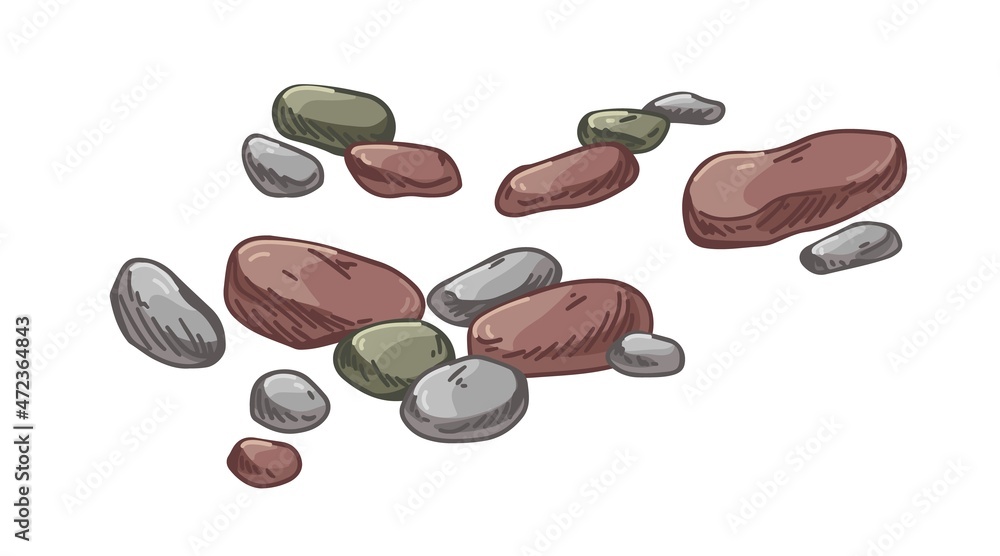 Pebbles, small beach stones. Smooth cobbles group. Different cobblestones composition. Marine rock fragments. Weathered rocky material. Hand-drawn vector illustration isolated on white background Pebbles, small beach stones. Smooth cobbles group. Different cobblestones composition. Marine rock fragments. Weathered rocky material. Hand-drawn vector illustration isolated on white background