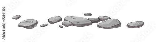 Pebbles, small gray stones. Cobbles group. Cobblestones composition. Debris and fragments of natural rock formation. Realistic detailed hand-drawn vector illustration isolated on white background