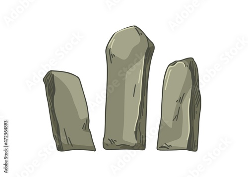 Big stone blocks, long tall boulders. Heavy solid rocks composition. Large rocky formation for building and construction. Realistic hand-drawn vector illustration isolated on white background
