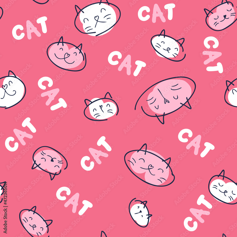 Obraz premium Doodle seamless pattern of kitty faces and text CAT. Perfect for T-shirt, textile and print. Hand drawn vector illustration for decor and design. 