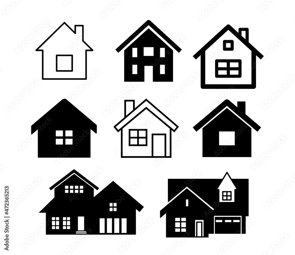 Set of house icons. Suburban real estate, sign of house with pipe in the outline style. Vector silhouette of building isolated on white