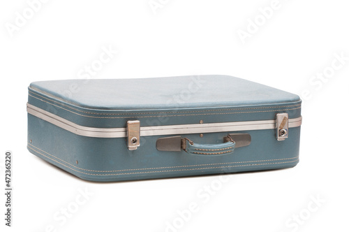 Small blue vintage suitcase on white background 