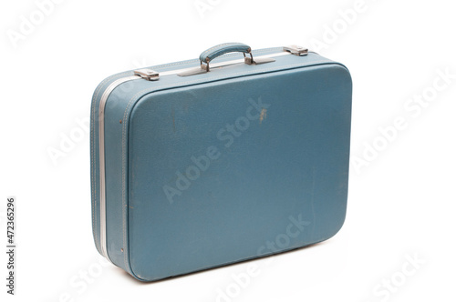 Small blue vintage suitcase on white background 