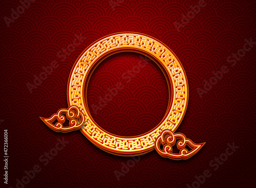 golden luxury chinese background with rounded frame pattern and clouds