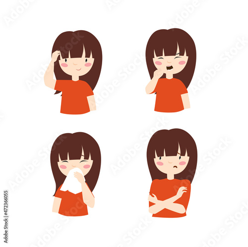 Print. The girl got sick. The child has caught a cold. Cartoon girl.