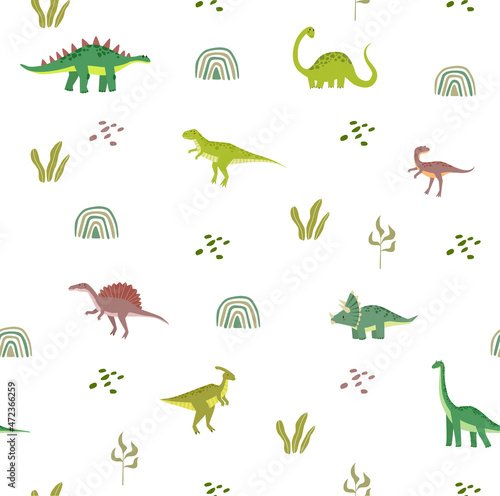 Print. Vector seamless background with dinosaurs. Jurassic Park. Children s pattern. Tyrannosaurus  Brachiosaurus  Pterodactyl  Diplodocus  Triceptors. Set of cartoon dinosaurs. Can print on fabric 