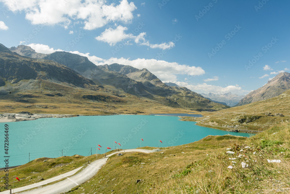 light blue lake in the mountains