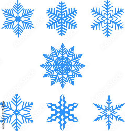 Vector image of the set of seven light blue snowflakes isolated on the white background. Decoration for the Christmas and New Year 2022.