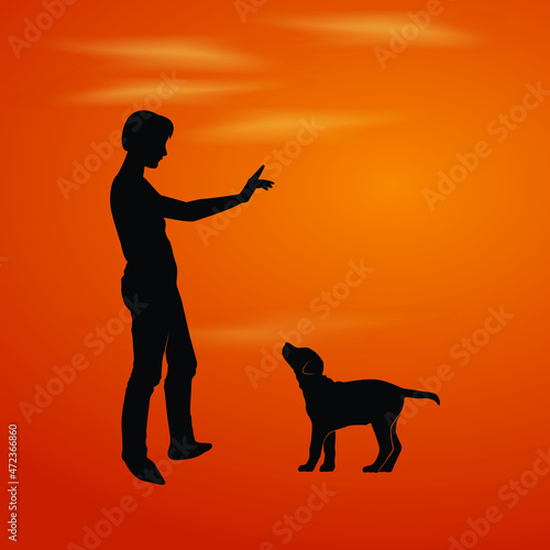 woman training a dog basic commands silhouette. Girl and pet puppy. Vector silhouette of a woman with a dog.
