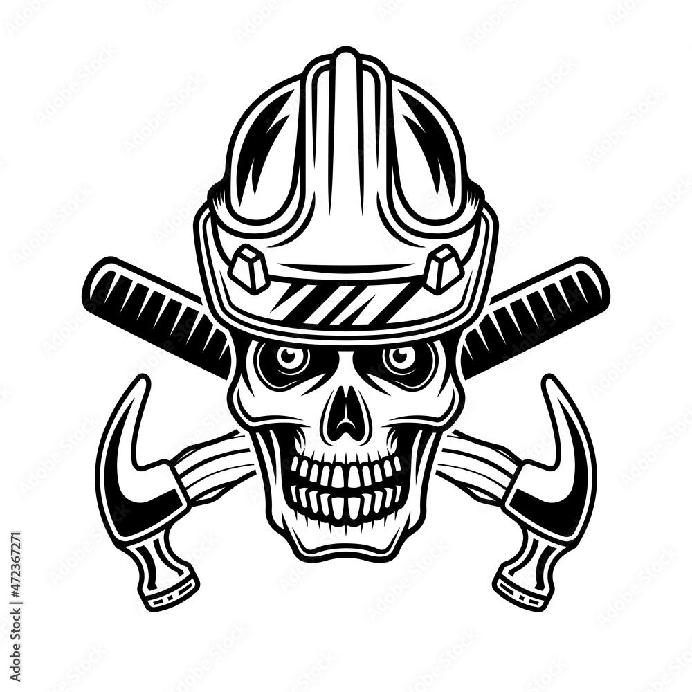 Skull in worker hard hat and two crossed hammers vector illustration in monochrome vintage style isolated on white background Skull in worker hard hat and two crossed hammers vector illustration in monochrome vintage style isolated on white background