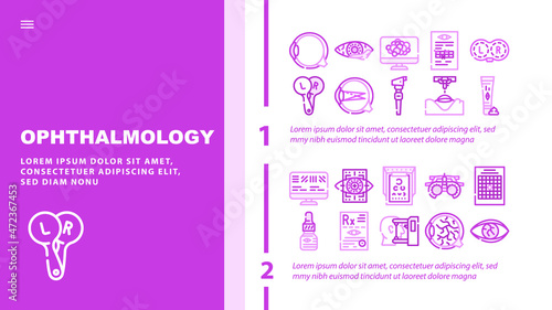 Ophthalmology Eye Disease Treat Landing Web Page Header Banner Template Vector. Amsler Table And Retinoscope, Lasser Correction And Trial Frame Medicine Ophthalmology Hospital Equipment Illustration