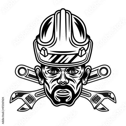 Head of worker with bristle in hard hat and two crossed adjustable wrenches vector illustration in monochrome vintage style isolated on white background