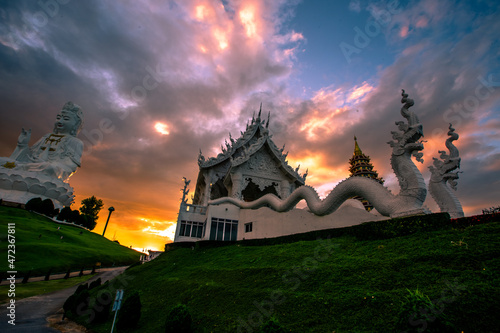 public attraction background A temple in Chiang Rai (Wat Huay Pla Kang), with a large statue. Popular people come to make merit from all over the world in Thailand.