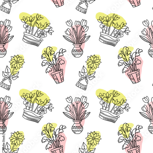 Seamless pattern of hand-drawn bouquets of flowers and houseplants isolated on a white background Ink pen drawing in the style of doodles