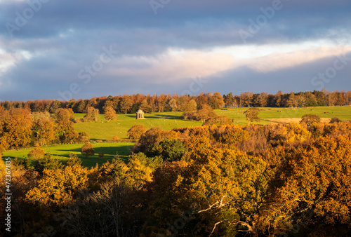 Autumn view by the roadside of the Brightling Rotunda temple on the high weald East Sussex south east England UK