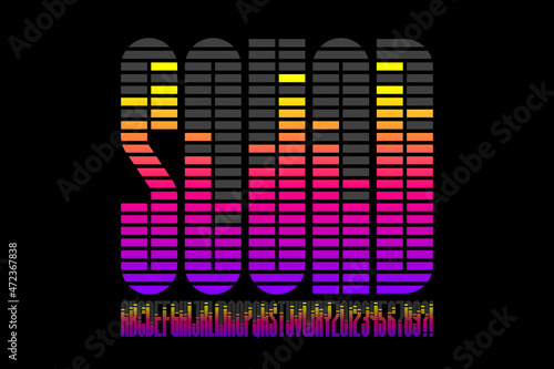 Sound wave rhythm style font design, alphabet letters and numbers vector illustration