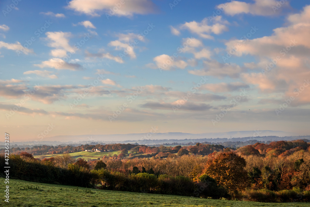 At the edge of the high weald, end of autumn from near Dallington in East Sussex with views south to the South Downs, south east England.