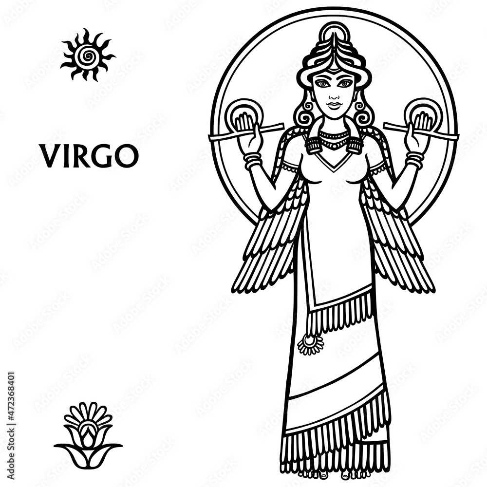 Zodiac sign Virgo. Full growth. Vector art. Black and white zodiac drawing isolated on white. Zodiac sign Virgo. Full growth. Vector art. Black and white zodiac drawing isolated on white.